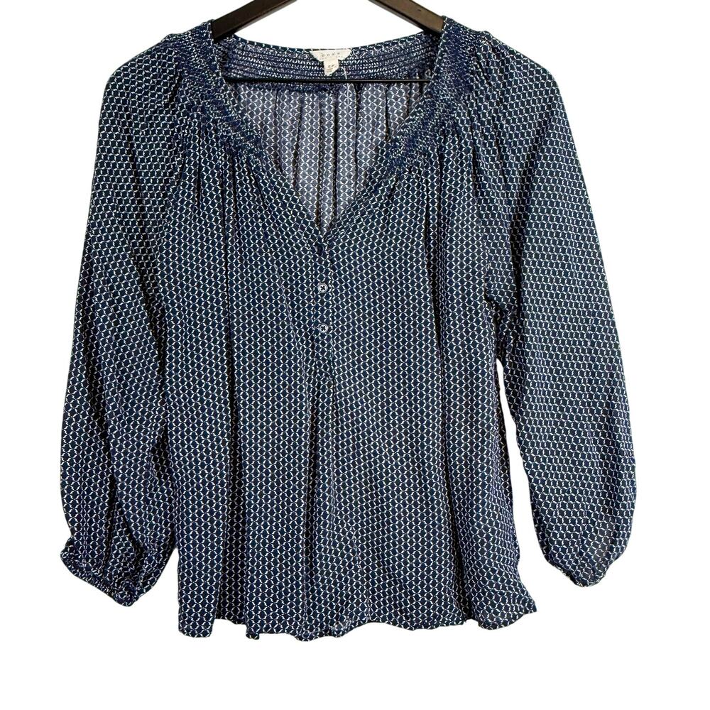 Soft Joie Blue White VNeck 3/4 Sleeve Printed Blouse - XS